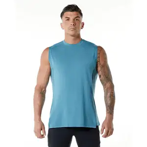 Tapered Fit Sleeveless Physique Enhancing Armhole Cut Elongated Torso 100% Cotton Blue Lagoon Mens High-Neck Premium Tank Top