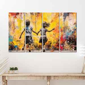 Toile imprimée : Impression d'art graffiti moderne « Banksy Running Kids », lot de 4 toiles - Product Image 1