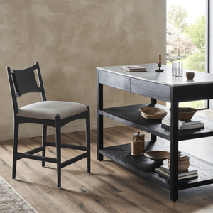 Taburete de Barra Haddon de Madera y Mezcla de Lino, Madera Natural o Negro, Resistente, para Bar en Casa y Comedor - Product Image 2