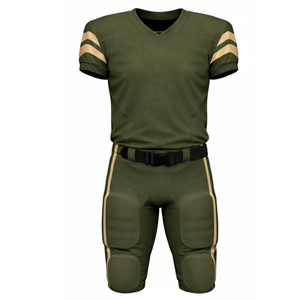 Maillot de football américain vert olive très demandé, performance professionnelle, avec rayures doubles chevron sur les manches et pantalon - Product Image 1