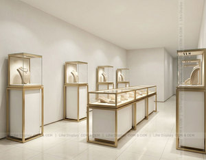 Présentoir de bijoux contemporain en laiton éclairé sur pied pour magasin de bijoux, vitrine de présentation de bijoux sur piédestal - Product Image 2