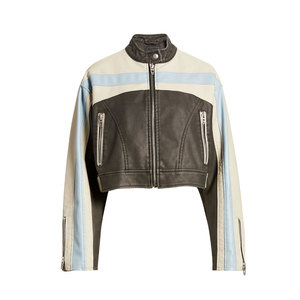 แจ็กเก็ตมอเตอร์ไซค์ของผู้หญิงเสื้อครอปหนังระบายอากาศได้ดีสีพื้น - Product Image 2