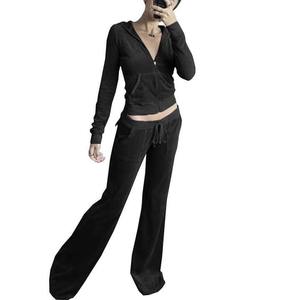 Chándal de entrenamiento para mujer, 2 uds., ajustado, cálido, con cremallera, Sudadera corta de terciopelo, Top, pantalones acampanados, bolsillos, chándal para correr, conjunto de gimnasio - Product Image 5