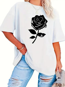 Camiseta con estampado de rosas de talla grande, camiseta informal de manga corta con cuello redondo para primavera y verano, ropa de talla grande para mujer - Product Image 3