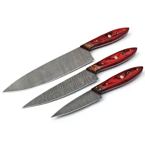 Pisau Koki Dapur Buatan Tangan Kustom Profesional 3 Buah Set Gagang Kayu Ash + Rosewood dengan Casing Kulit