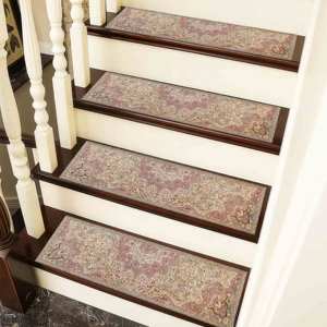 Tapis d'escalier imprimé, motif médaillon rose et beige, moderne, doux, facile à nettoyer, tapis d'escalier - Product Image 2