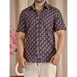 Chemise à manches courtes en coton imprimé bleu marine, tissu popeline 100%, col boutonné, style décontracté, taille 6XL, chemises habillées pour hommes ODM - Product Image 2