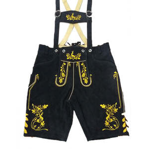 Lederhosen bavarois pour homme 100% original, écologique, décontracté, noir et jaune, broderie, style streetwear, taille XS - Product Image 3
