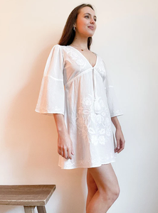 ชุดเดรสมินิสำหรับผู้หญิงคอวีปักแขนสามส่วนผ้าฝ้ายฤดูร้อน - Product Image 4