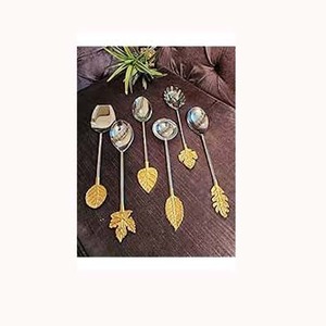 Juegos de cubiertos de acero inoxidable con diseño de hoja de oro, mango de pulido de espejo plateado, colador de espátula para vajilla de cocina - Product Image 1