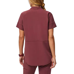 ชุดสครับทางการแพทย์สำหรับผู้หญิงเบอร์กันดีเสื้อแขนสั้นมีกระดุมมีกระเป๋าและกางเกงมีเชือกรูดคลินิกโรงพยาบาลมืออาชีพ - Product Image 4