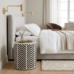 Modern Velvet Wooden Bone Inlay <b>Stool</b> White Finish Accent Ottoman <b>Adjustable</b> Height Storage Side Table for Bedroom Living Room - Product Image 3