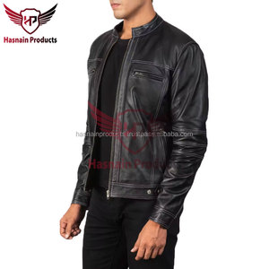 <b>Mens</b> Real Black Leather <b>Jacket</b> Contrast Stitch Band Collar Sheepskin Cafe Racer Coat Custom Vintage Winter Biker Outerwear - Product Image 3