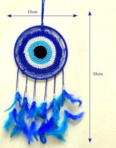 Attrape-rêves fait main 6 x 14, design œil porte-bonheur, attrape-rêves pour l'énergie positive et la protection, couleur bleue, décoration murale - Product Image 5