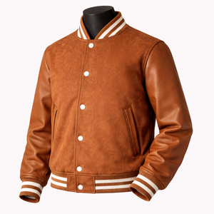 Chaqueta Varsity de Cuero Gamuzado Personalizada, Chaqueta Letterman Marrón con Botones a Presión, Chaqueta de Béisbol, Proveedor Mayorista de Marca Privada OEM - Product Image 6