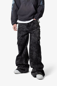 Veste en cuir premium, toile imperméable, lavée, noire, coupe décontractée avec jambes larges et poches surdimensionnées - Product Image 3