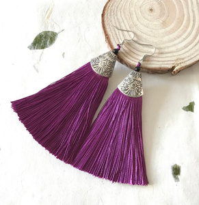 Purple Tassel Clip on <b>Earrings</b> <b>Silver</b> Cap Fringe <b>Earrings</b> Screw <b>Back</b> Dangler Boho Tassel <b>Earrings</b> - Product Image 1