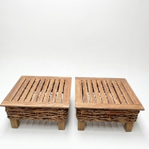 Natural Teak Wood Slatted Coffee <b>Table</b> Chunky Woven Rattan Base Square Low Patio <b>Table</b> Setup Decor Pure Art Room Design - Product Image 1