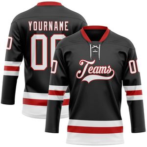 Équipe sportive personnalisée noire Logo sur mesure Sublimation imprimé/brodé maillot de hockey sur glace à col en dentelle personnalisé 100% Polyester - Product Image 1