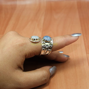 Natural Blue Fire Rainbow Moonstone And Aquamarine Gemstone Pure 925 <b>Sterling</b> <b>Silver</b> And Brass <b>Ring</b> <b>Adjustable</b> <b>Ring</b> - Product Image 3