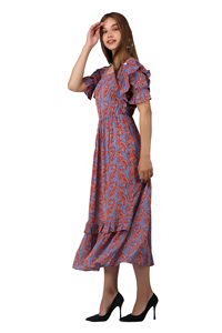 À la mode imprimé fleuri Maxi femmes à la main été fête Style crêpe fluide décontracté manches courtes à volants taille élastique a-ligne rapide - Product Image 4