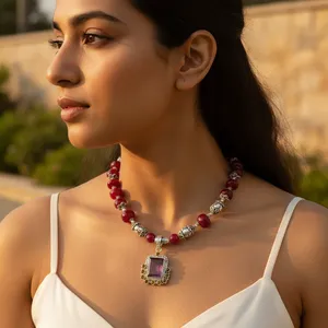 Vintage 925 Silver <b>Red</b> Agate Bead Pendant Necklace with Zircon Stone for Women Wedding Jewelry From Rajasthan Brand a - Product Image 1