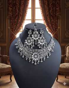 Most Demanded Ethnic Floral Alloy Oxidized Natural Stone Necklace Set for Wedding Engagement Anniversary Party Functions Best - Product Image 3