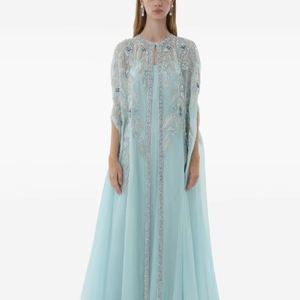 ชุดราตรีงานพรอมสำหรับผู้หญิงชุดราตรีแขนยาวคอกลมผ้าซาตินผ้าตาข่ายประดับลูกปัดสง่างาม - Product Image 1