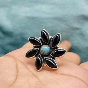 Anillo fino de boda elegante de diseñador hecho a mano de Plata de Ley 925, Ideas de regalo de corte de pera turquesa de ónix negro - Product Image 3