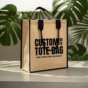 Custom Eco-Friendly Jute Tote <b>Bag</b> Black PVC Handles 14 X 16 X 4 Inches Durable Medium for Daily Use Food Advertising <b>Long</b> Letter - Product Image 1