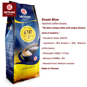 กาแฟโอเชียนบลู อาราบิก้า ได้รับการรับรองมาตรฐาน HACCP และฮาลาล  คั่วระดับกลาง มีคาเฟอีน เมล็ดกาแฟคั่วเต็มเมล็ด ผลิตในเวียดนาม โรบัสต้า บรรจุภัณฑ์ 0.5 กก. - Product Image 2