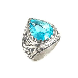 <b>925</b> Sterling <b>Silver</b> Men's <b>Ring</b> with Aquamarine Stone Drop Pear Cut Diamond Pen-Shaped Design Bezel Setting for Everyday Wear - Product Image 1