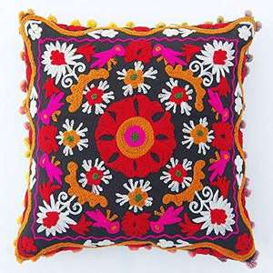 Suzani <b>Cushion</b> Decorative Embroidered <b>Covers</b> <b>Indian</b> <b>Cushion</b> Embroidered <b>Cover</b> <b>Indian</b> Handcrafted Pom Pom <b>Cushion</b> <b>Cover</b> - Product Image 6