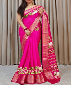 SAREE DE TRAVAIL DE TISSAGE EN SOIE LICHI FABULEUX AVEC BLOUSE NON COUDU VÊTEMENT DE FÊTE PRIX DE GROS VÊTEMENT ETHNIQUE SAREES SOIE INDIENNE - Product Image 1