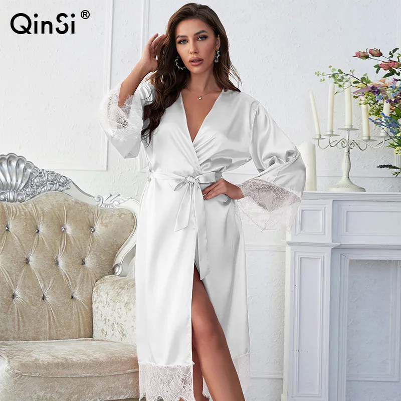 Bclout/QINSI Sexy Dressing Gowns Kimono Bathing Home Suit Fashion Like Silk Robes New Women Long Satin Lace Bathrobes