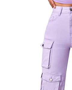 Pantalon cargo large en denim lavande pour femme, taille haute, avec plusieurs poches, style streetwear décontracté, fournisseur OEM - Product Image 3