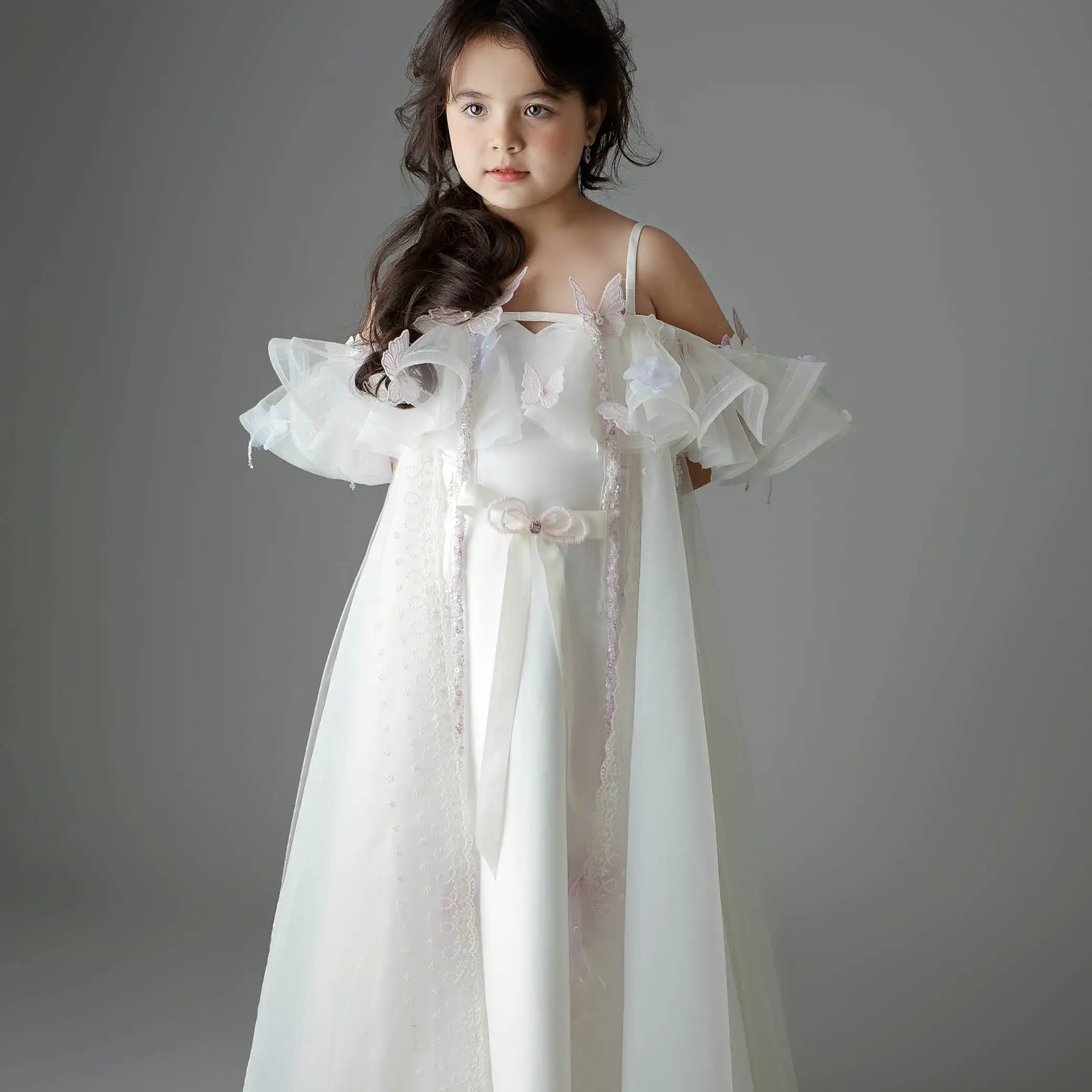 Vestido de baile de princesa com bordado à mão e borboletas para meninas, vestido de baile de flores brancas sem mangas, vestido de baile de casamento