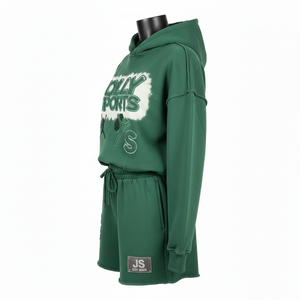 ชุดเซ็ตฮู้ดดี้และกางเกงขาสั้นสำหรับผู้หญิง ผ้าฝ้ายผสมโพลีเอสเตอร์เนื้อฟลีซ ประดับโลโก้ด้วยคริสตัลแบบ Hotfix ฮู้ดดี้ผ้าฝ้าย 100% และกางเกงขาสั้น - Product Image 2