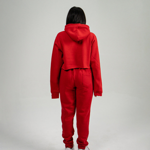Conjunto de chándal de invierno para mujer al por mayor, 100% de algodón Top corto, forro polar sólido, logotipo personalizado, conjunto largo de 2 piezas teñido liso - Product Image 6