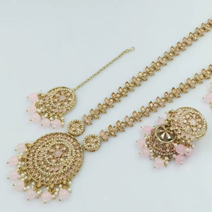 Conjunto de collar largo elegante chapado en oro de piedra tradicional india y de moda con pendiente Jumkha Mangtika conjunto de joyería para mujer - Product Image 1