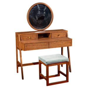 Tocador moderno de madera maciza de roble de alta calidad con acabado de PU de espejo redondo con almacenamiento para aplicaciones de dormitorio - Product Image 1