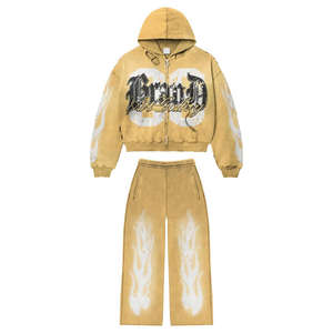 Sweat-shirt à capuche zippé vintage en coton lourd, style streetwear décontracté d'automne, imprimé personnalisé, avec strass et délavage acide pour homme - Product Image 4