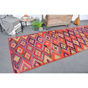Tapis turc Kilim vintage rouge et violet Patchwork Design classique 3.7 X 11.9ft tissage plat laine avec support en latex pour adolescents - Product Image 1