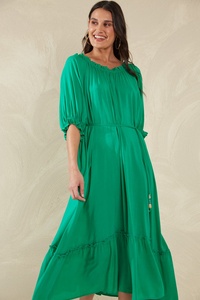 Mint manga larga estilo bohemio manga larga 100% tela de rayón Maxi vestido vacaciones mujeres sin tirantes con vestido de mujer escalonado - Product Image 6