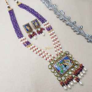 Radha-Krishna Hanpianted Meenakari Kundan Long Pendentif Set avec Boucles d'Oreilles Fine Jewelry - Product Image 4