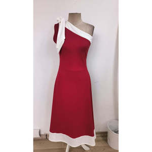 Women's One-Shoulder Dress with Ribbon Detail, Two-<b>Tone</b> Imported Crepe Dress, 34439 - <b>Red</b> - Product Image 4