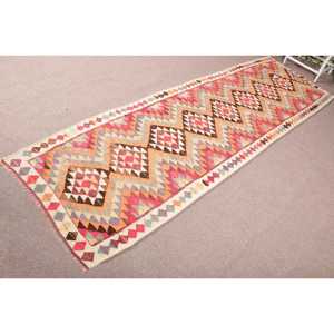 Tapis turc Kilim vintage 3,2 x 11,5 pieds, écologique, en laine patchwork orange avec envers en latex - Product Image 2
