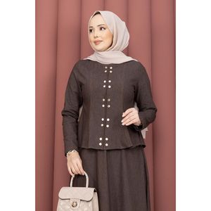 Ensemble deux pièces en denim Tencel pour femme, couleur café, avec boutons pression dorés - Product Image 2
