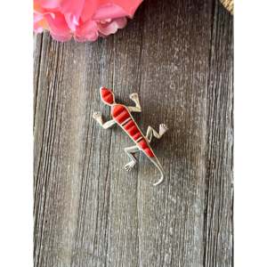 Navajo Coral & Sterling Silver Cobblestone Lizard <b>Brooch</b> <b>Pin</b> Gift for Jewelry Lovers - Product Image 2