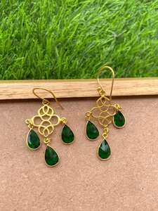Boucles d'oreilles pendantes tendance en laiton sterling perlé, pierre d'agate verte, style hip-hop, pour fêtes et mariages, certifiées IGI - Product Image 6